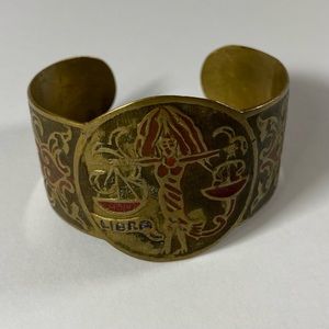 Vintage 70s Brass LIBRA Zodiac Cuff Bracelet Made in India